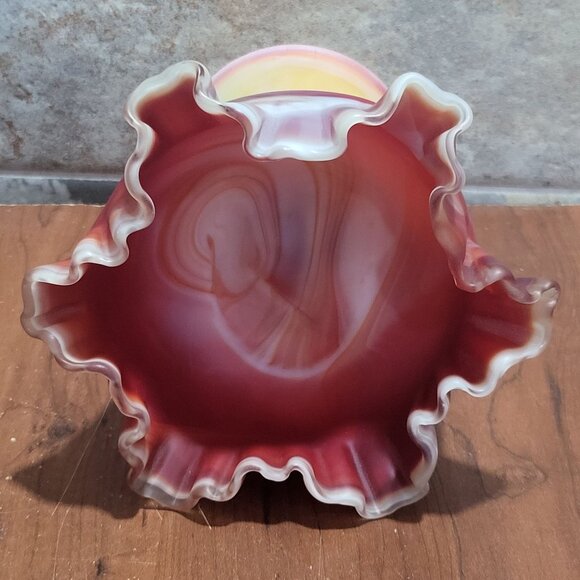 Slag Glass Orange Red Swirl Crimped Candy Trinket Dish - Picture 5 of 11